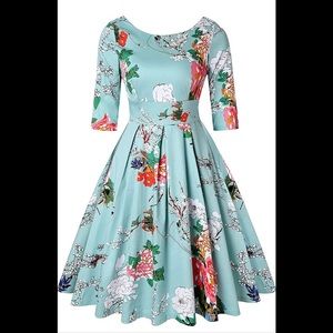 Retro 1950s swing dress, 3/4 sleeve, pleated front